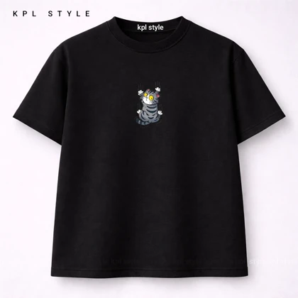 تیشرت باکسی طرح گربه 100٪ پنبه | تنفس‌پذیر | کد 1437