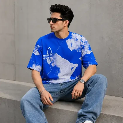 تیشرت مردانه باکسی نخ پنبه طرح لویی ویتون (Louis Vuitton) آبی پرسیسکا