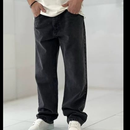 شلوار بگ ذغالی سیر بدون زاپ مردانه پارچه جین کجراه سنگشور گرماژ بالا