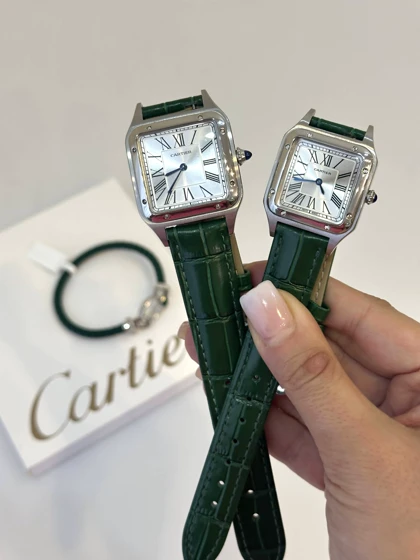ساعت کارتیر سانتوس دومونت زنانه سیلور بند چرم سبز Cartier Santos Dumont
