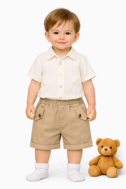 پیراهن آستین کوتاه و شرتک کتان نوزادی پسرانه کد 128