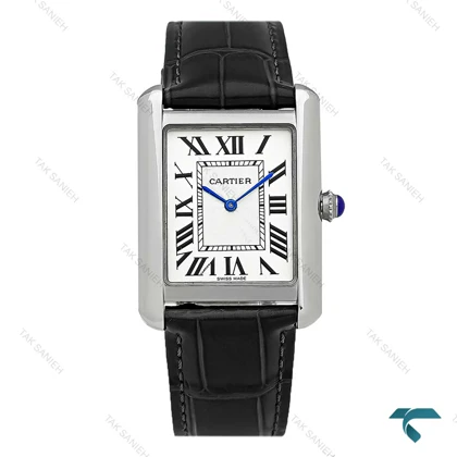 ساعت کارتیر تانک مردانه نقره ای بند چرم مشکی Cartier-8891-G