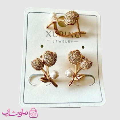 گوشواره زنانه ژوپینگ مدل گل نگین‌دار و مروارید کد 3791