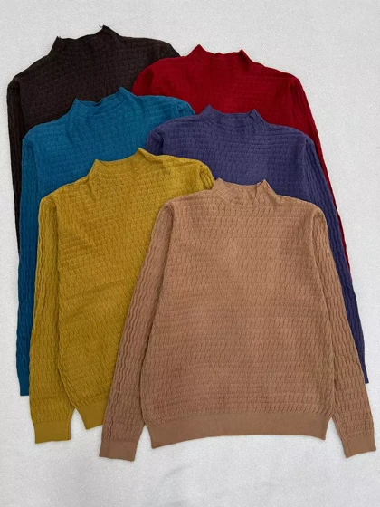 پلیور بافت یقه ایستاده طرح برجسته کد 5506