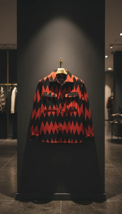 کت فوتر پشمی با طرح هندسی مدرن داری (ترکیب رنگ مشکی، قرمز با پترن‌های زاویه‌دار) سنگین‌وزن