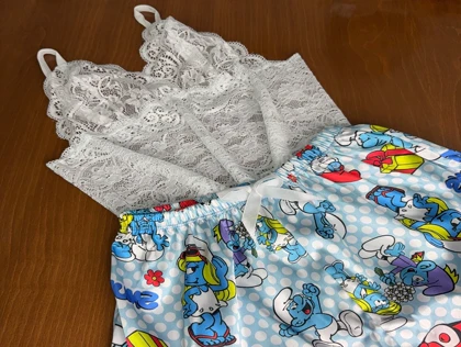 ست نیم‌تنه گیپور و شلوارک طرح اسمورف 137