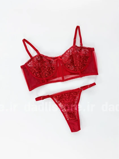ست شورت و سوتین فنر دار پایه بلند تور و دانتل گل‌دار قرمز