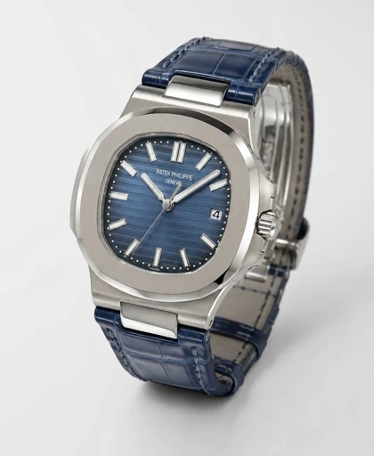 ساعت پتک فیلیپ ناتیلوس مردانه نقره ای بند چرم سرمه ای Patek Philippe Nautilus