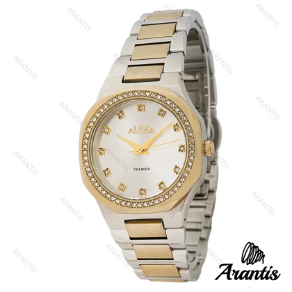 ساعت الکسا 0086 زنانه سیلور طلایی نگین‌دار صفحه سفید w-10130