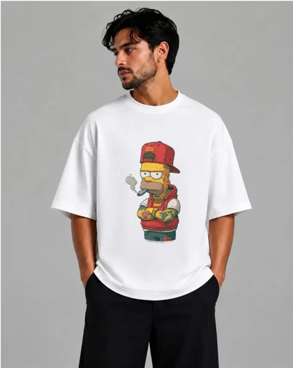 تیشرت باکسی سفید طرح ترکیبی از هومر سیمپسون و بارت استایل Urban Gangster Cartoon Art