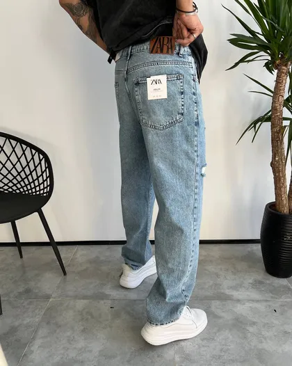 شلوار بگ استایل ابی یخی زاپ‌دار ZARA