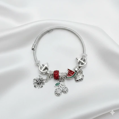 دستبند بنگل استیل طرح «پاندورا تابستانی» | با آویز هندوانه و گیلاس (قرمز)