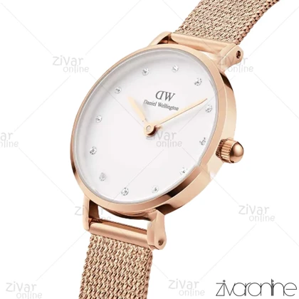 ساعت دنیل ولینگتون زنانه رزگلد صفحه سفید ایندکس نگین‌دار 104305