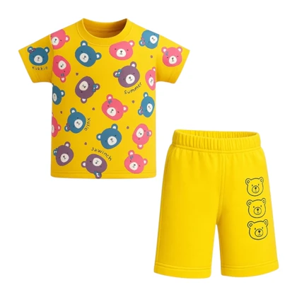 ست تیشرت آستین کوتاه و شلوارک راحتی دخترانه مدل خرس PJ1054 رنگ زرد