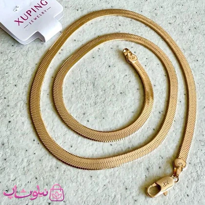 زنجیر زنانه ژوپینگ طلایی مدل هرینگبون تخت طول 50 سانت عرض 5 میل کد 6491