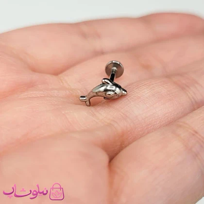 پیرسینگ گوش استیل مدل دلفین نقره ای رنگ کوچک کد 90