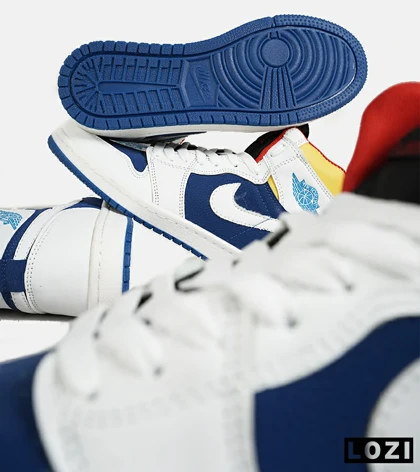 کفش کتانی مردانه و زنانه ساق‌دار سفید آبی زرد NIKE jordan 1
