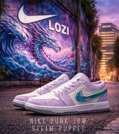 کفش کتانی زنانه بنفش سفید نایک NIKE dunk low steam puppet مدل 8101