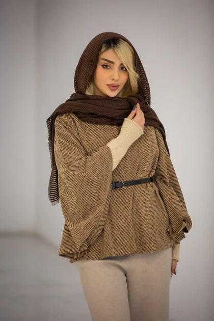 پالتو پانچ ژاکارد کمربنددار