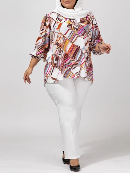 بلوز زنانه سایز بزرگ کرپ ژورژت یقه ایستاده چین‌داره 40111