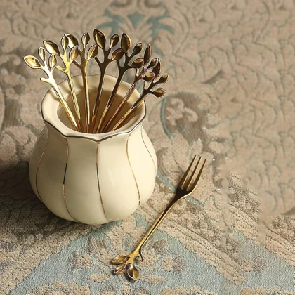 چنگال 6 عددی طلایی طرح برگ