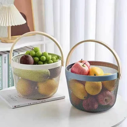 سبد فلزی ایکیا بزرگ دسته چوبی دایره