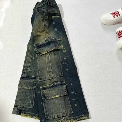 شلوار جین 8جیب بگ زاپ‌دار طرح رنگی دخترانه