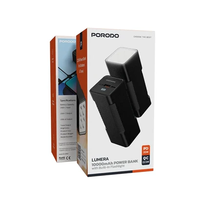 پاوربانک 10000 میلی آمپر و چراغ قوه پرودو مدل PORODO PDPBFCHT41BK