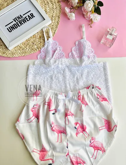 ست تاپ شورتک ساتن طرح فلامینگو