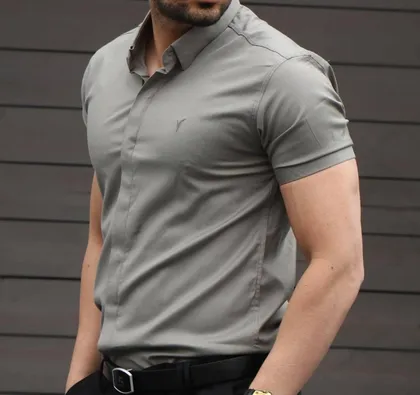 پیراهن آستین کوتاه سبز زیتونی نخی مردانه-بهترین کیفیت