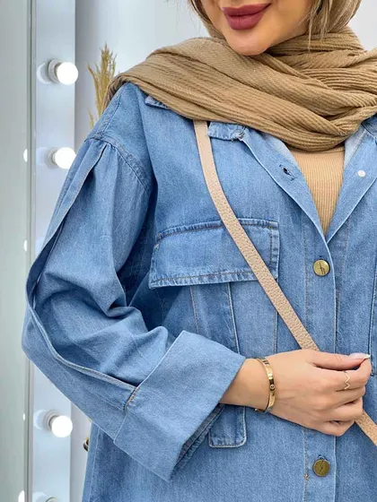 مانتو جین دو جیب آستین پاکتی