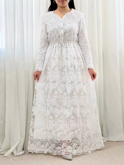 پیراهن تمام دانتل یقه منجوق دوزی کد 5557