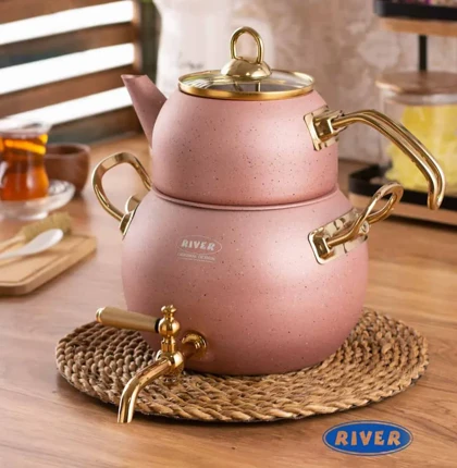 قوری کتری گرانیتی شیردار تپل رنگ رزگلد