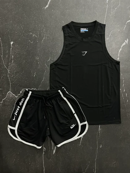 پکیج کد S1250 شامل رکابی حلقه‌ای + شلوارک با تم مشکی