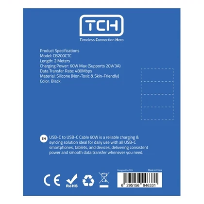 کابل شارژ دوسر تایپ سی تی سی اچ TCH مدل CB200CTC توان 60 وات 2 متر