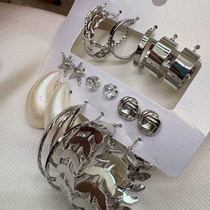 پک 9 عددی گوشواره استیل مدل «ورایتی» (Variety Pack) | شامل حلقه‌ای، مرواریدی و طرح دریایی