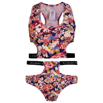 ست نیم‌تنه و شورت گل بزرگ بدون پد 109158 سایز XL مناسب 40,42