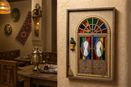 قاب چوبی آینه دار جاکلیدی طرح پنجره رنگی قدیمی