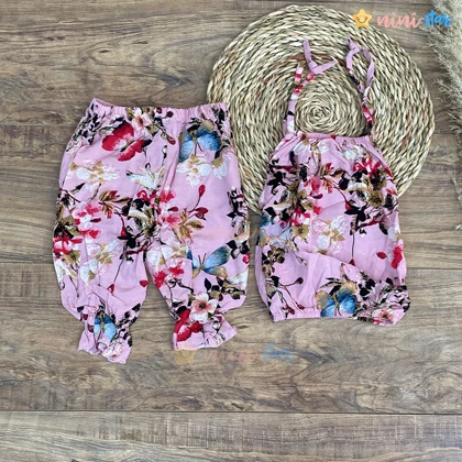 تاپ شلوارک نخی صورتی طرح پروانه و گل