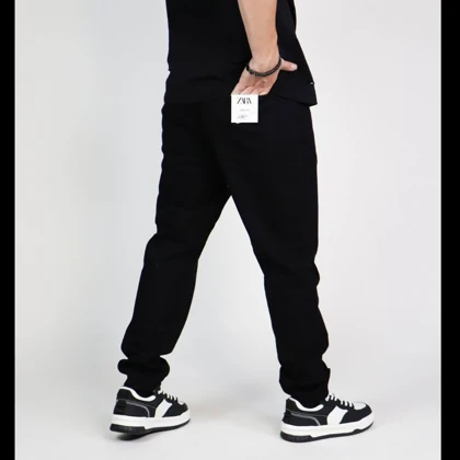 شلوار مام فیت مشکی مردانه پارچه جین کجراه سنگشور پنبه کد 859