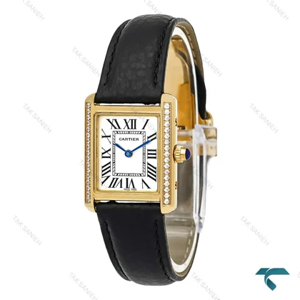 ساعت زنانه کارتیه تانک طلایی دورنگین بند چرم مشکی Cartier-7217-L