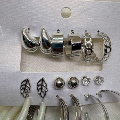 پک 9 عددی گوشواره استیل طرح «میکس ترند» | شامل حلقه‌ای، مرواریدی و میخی نگین‌دار