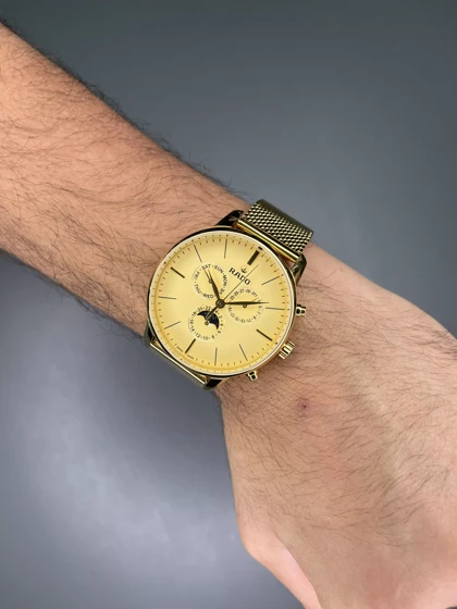 ساعت مچی رادو فول دیت بند حصیری استیل صفحه طلایی Rado