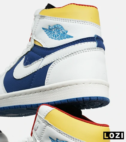کفش کتانی مردانه و زنانه ساق‌دار سفید آبی زرد NIKE jordan 1