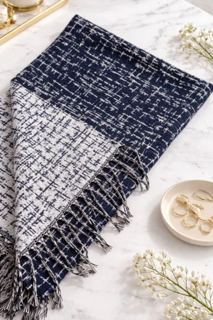 شال موهر دورو سرمه ای خطی کد 400