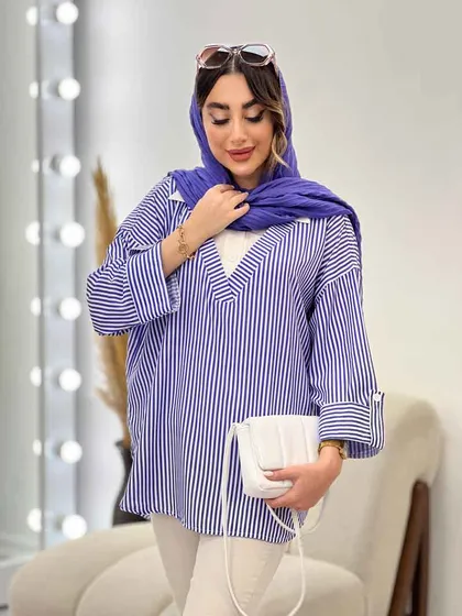 شومیز راه راه ترکیبی جلو بسته