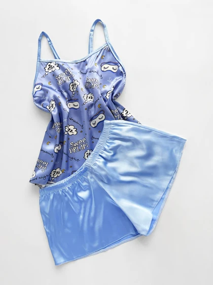 ست لباس خواب تاپ و شورتک ساتن طرح ماه و ستاره