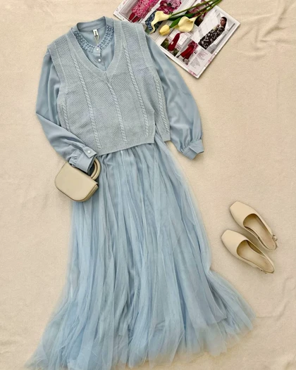 ست سه تیکه پیراهن+جلیقه بافت+کمربند کد 5249