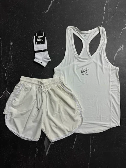 پکیج کد S195 شامل رکابی + شلوارک + جوراب نایک با تم سفید