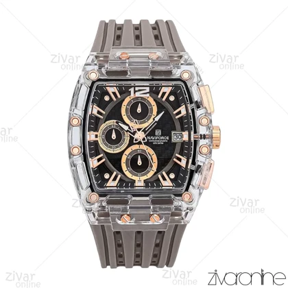 ساعت اورجینال ناوی فورس NaviForce مردانه مستطیلی طوسی رزگلد بند رابر 106994